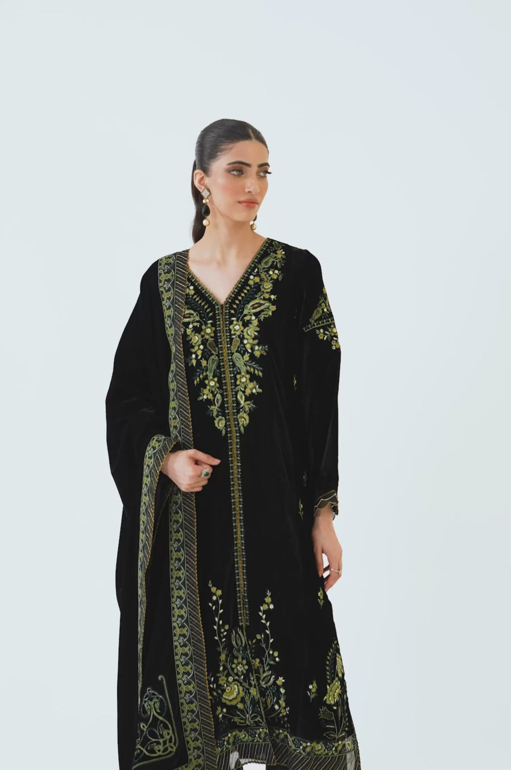 Unstitched 3 Piece Embroidered Velvet Suit - Black