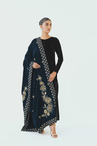 Embroidered Velvet Shawl - Teal