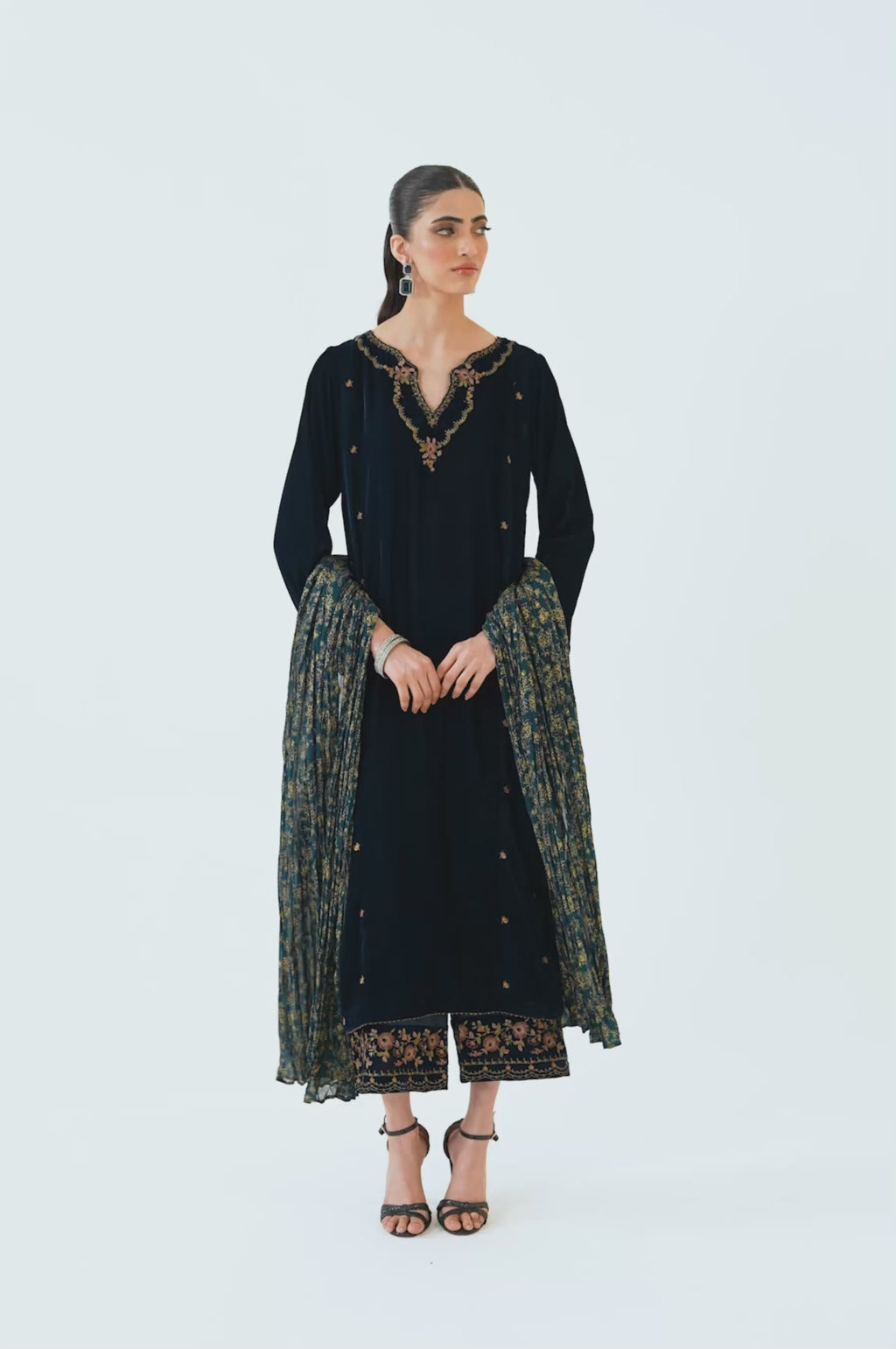 Stitched 3 Piece Embroidered Velvet Suit - Ocean Teal