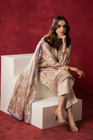 Pristine off-white printed lawn unstitched 3-piece suit with elegant panel patterns and soft dupatta drape