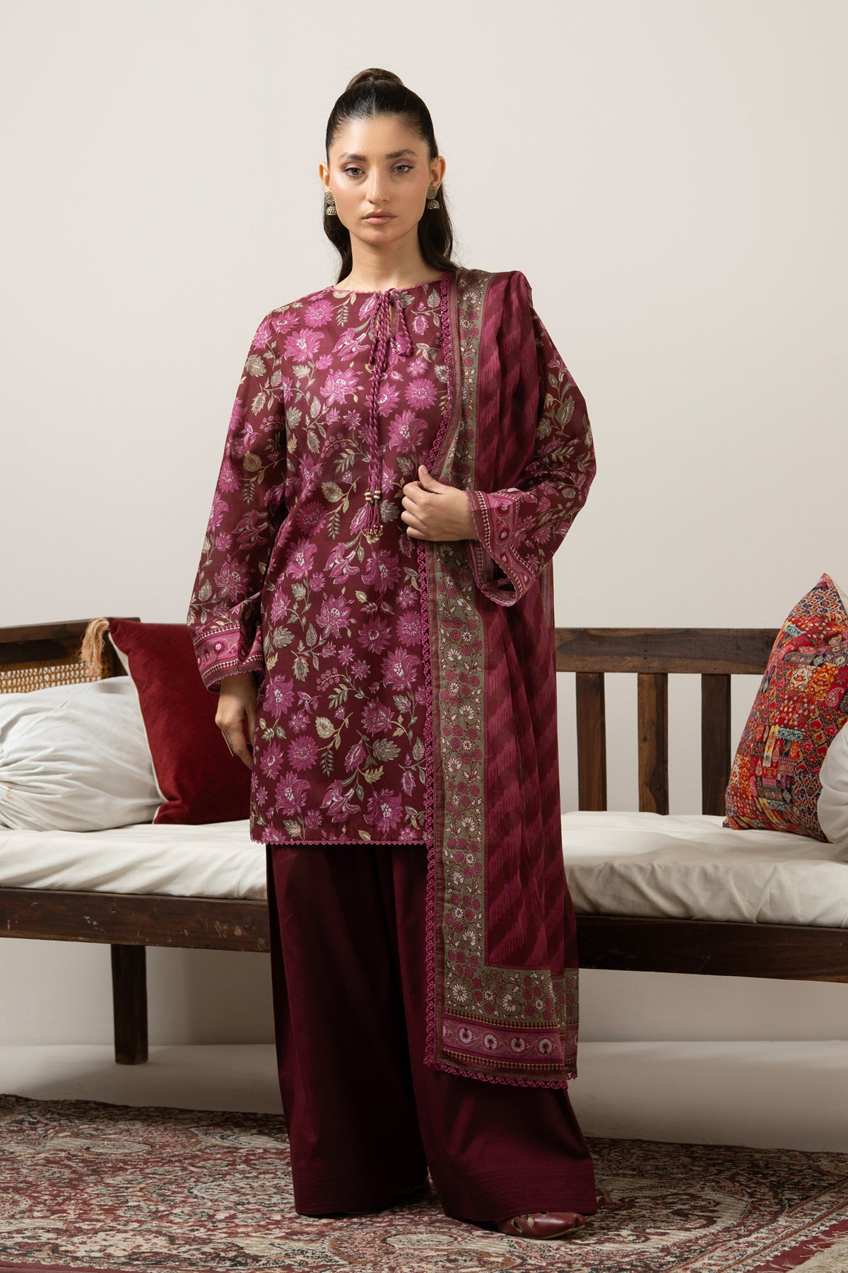 Regal maroon printed lawn 3-piece unstitched suit ideal for formal or festive cultural gatherings