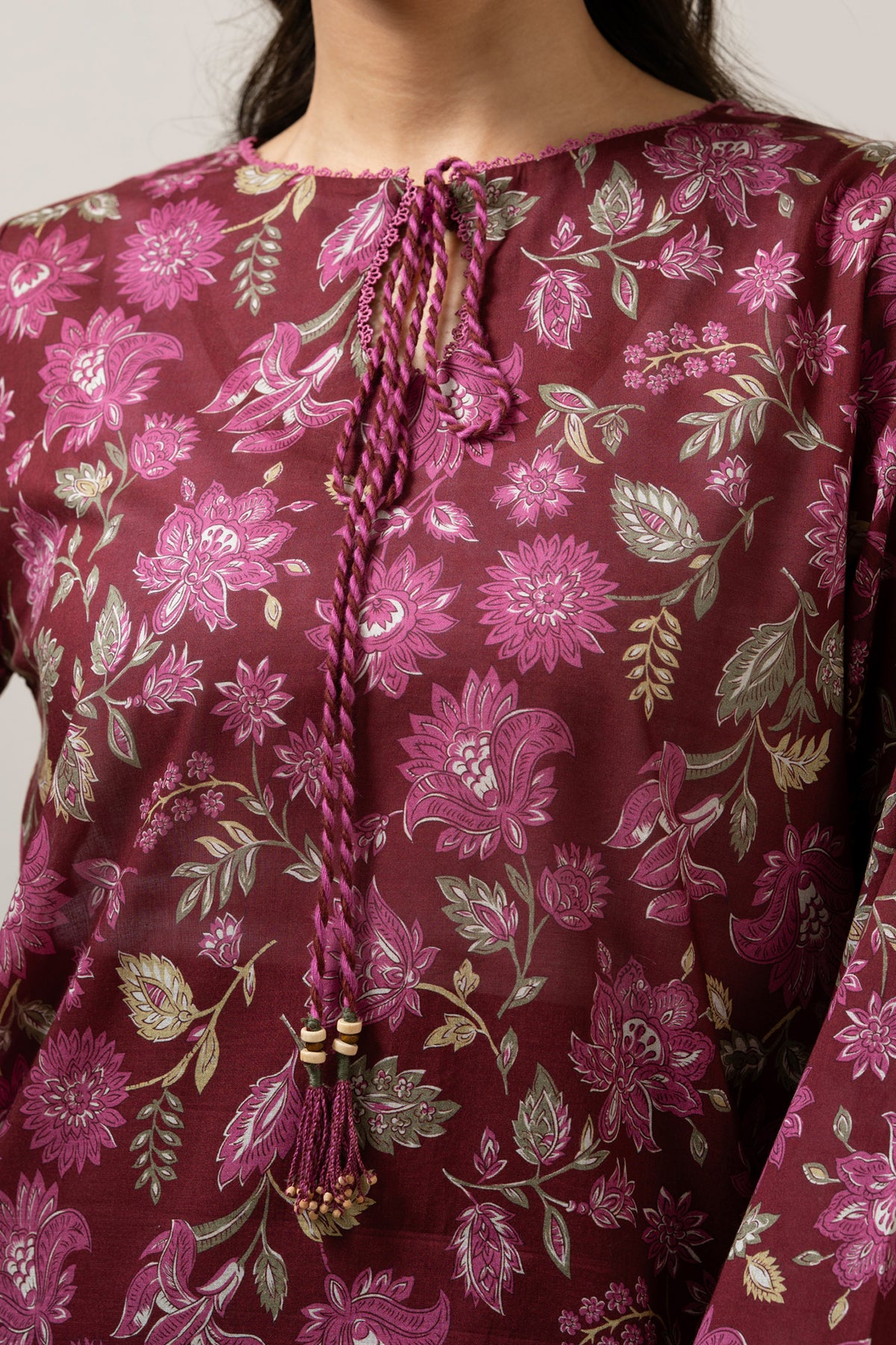 Regal maroon printed lawn 3-piece unstitched suit ideal for formal or festive cultural gatherings