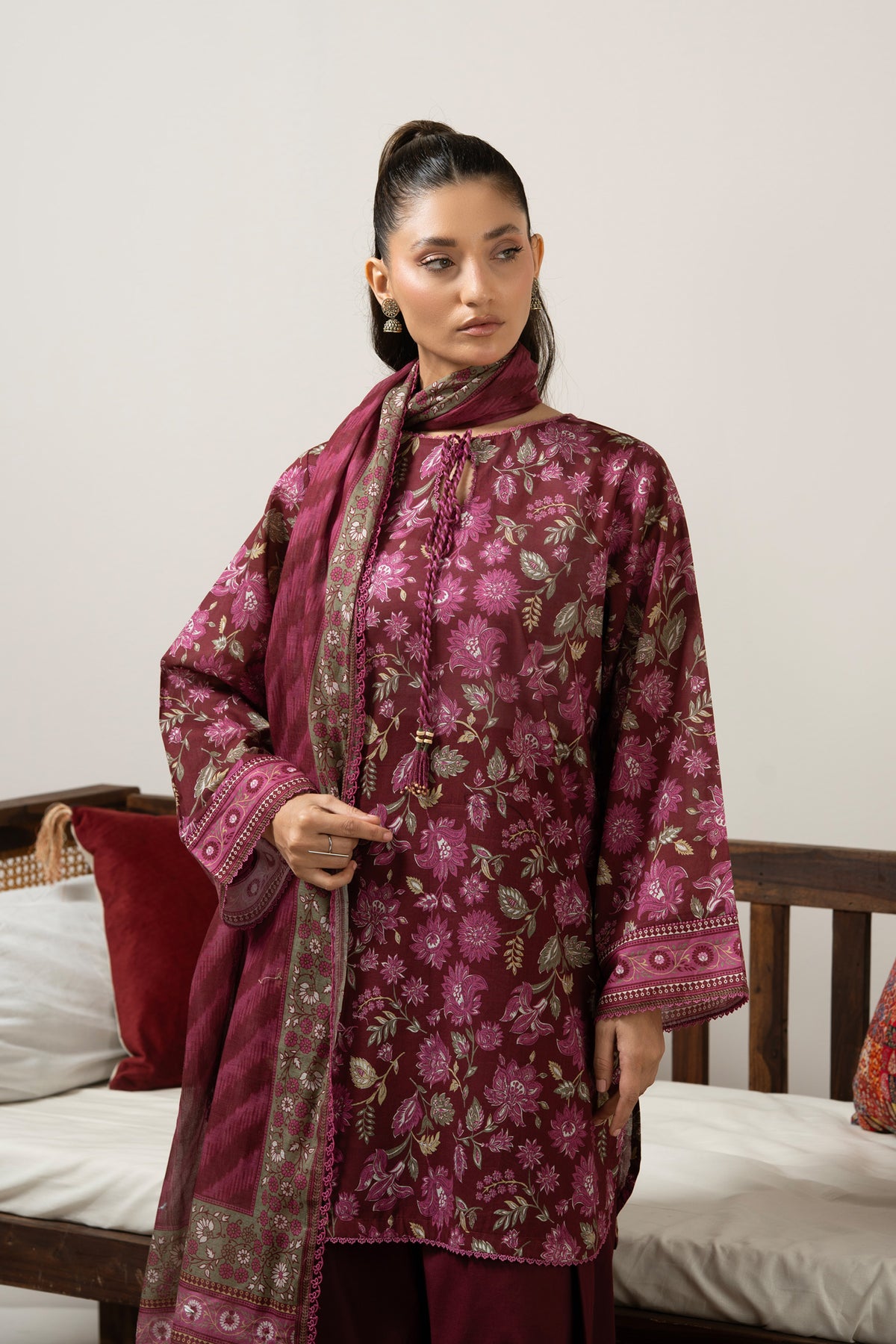 Regal maroon printed lawn 3-piece unstitched suit ideal for formal or festive cultural gatherings