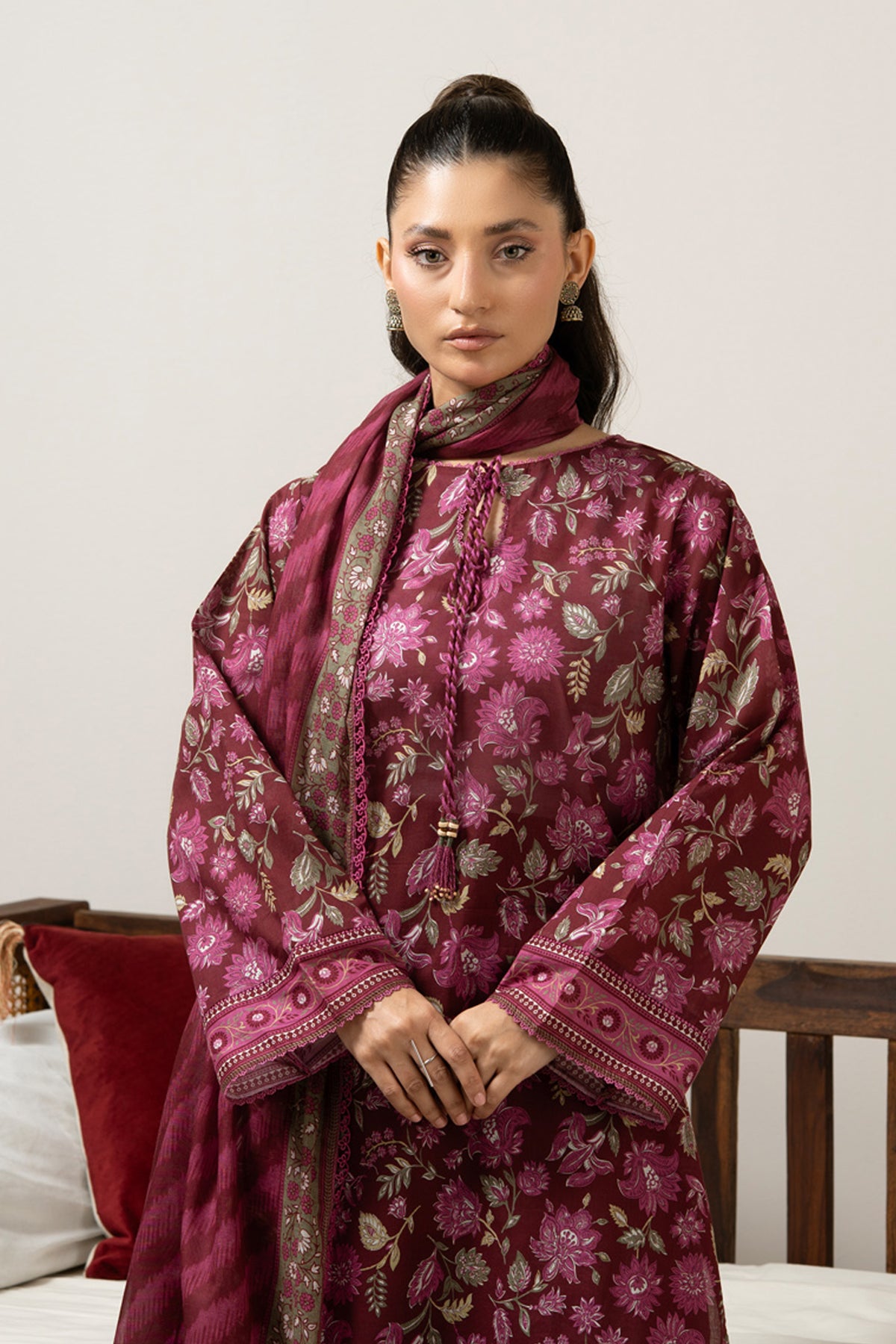 Regal maroon printed lawn 3-piece unstitched suit ideal for formal or festive cultural gatherings