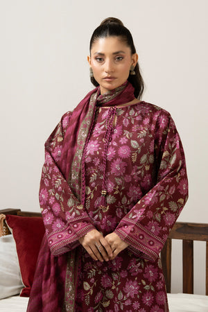 Regal maroon printed lawn 3-piece unstitched suit ideal for formal or festive cultural gatherings