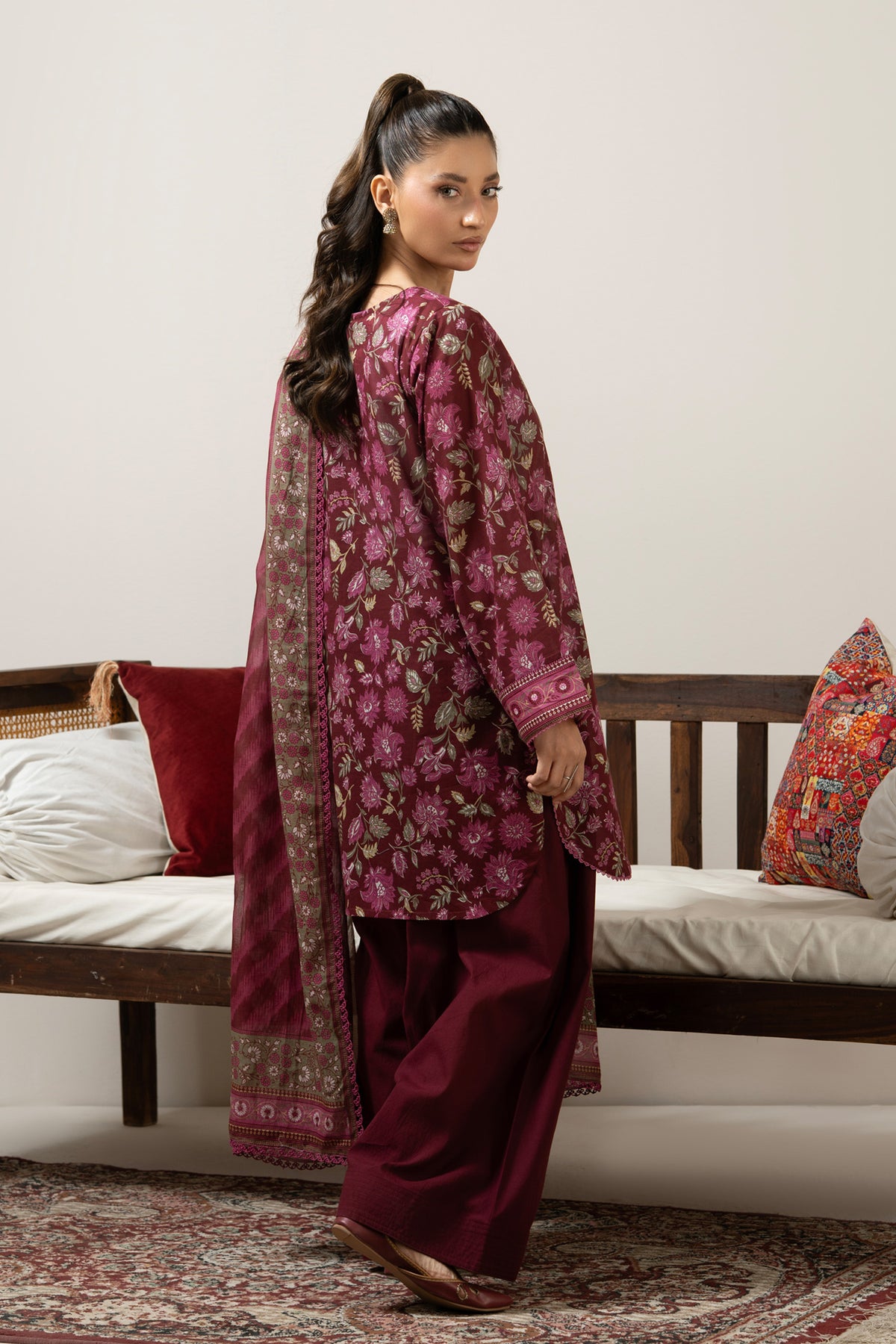 Regal maroon printed lawn 3-piece unstitched suit ideal for formal or festive cultural gatherings