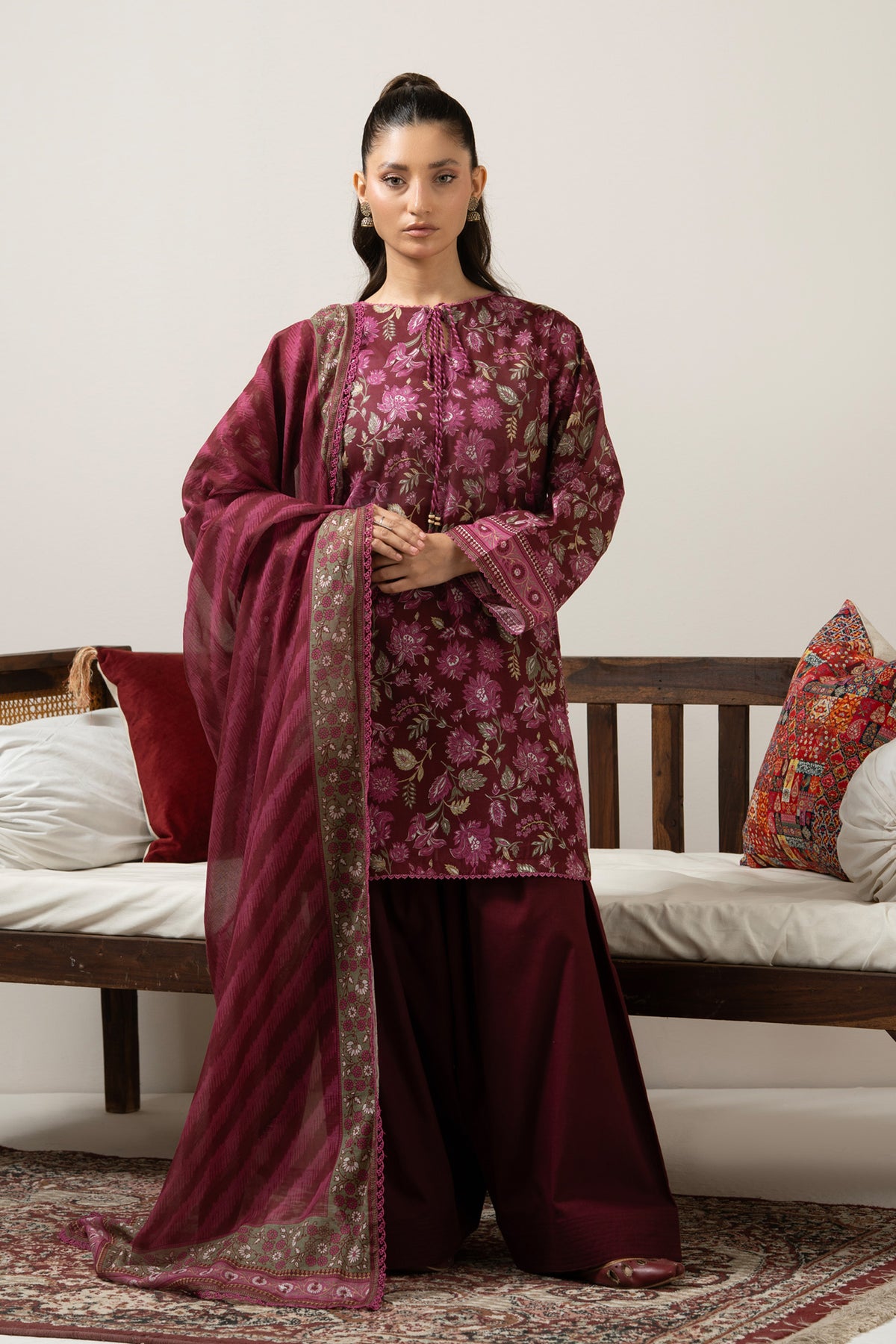 Regal maroon printed lawn 3-piece unstitched suit ideal for formal or festive cultural gatherings