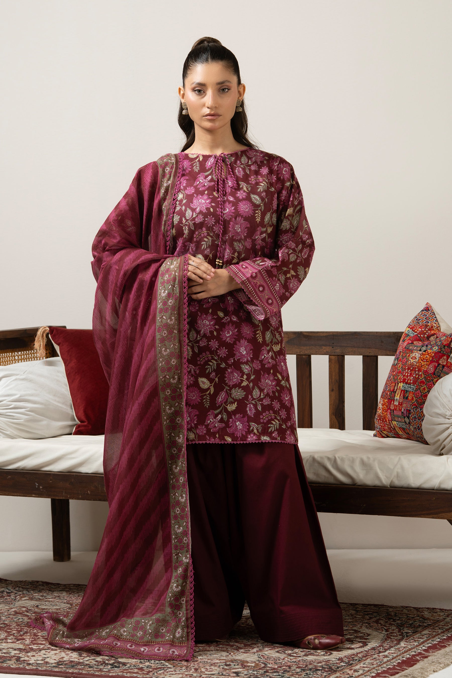 Regal maroon printed lawn 3-piece unstitched suit ideal for formal or festive cultural gatherings