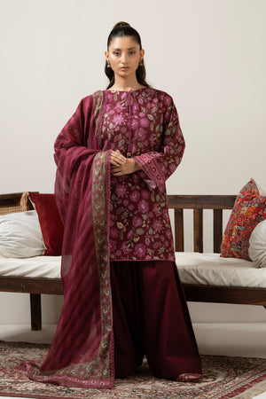 Regal maroon printed lawn 3-piece unstitched suit ideal for formal or festive cultural gatherings