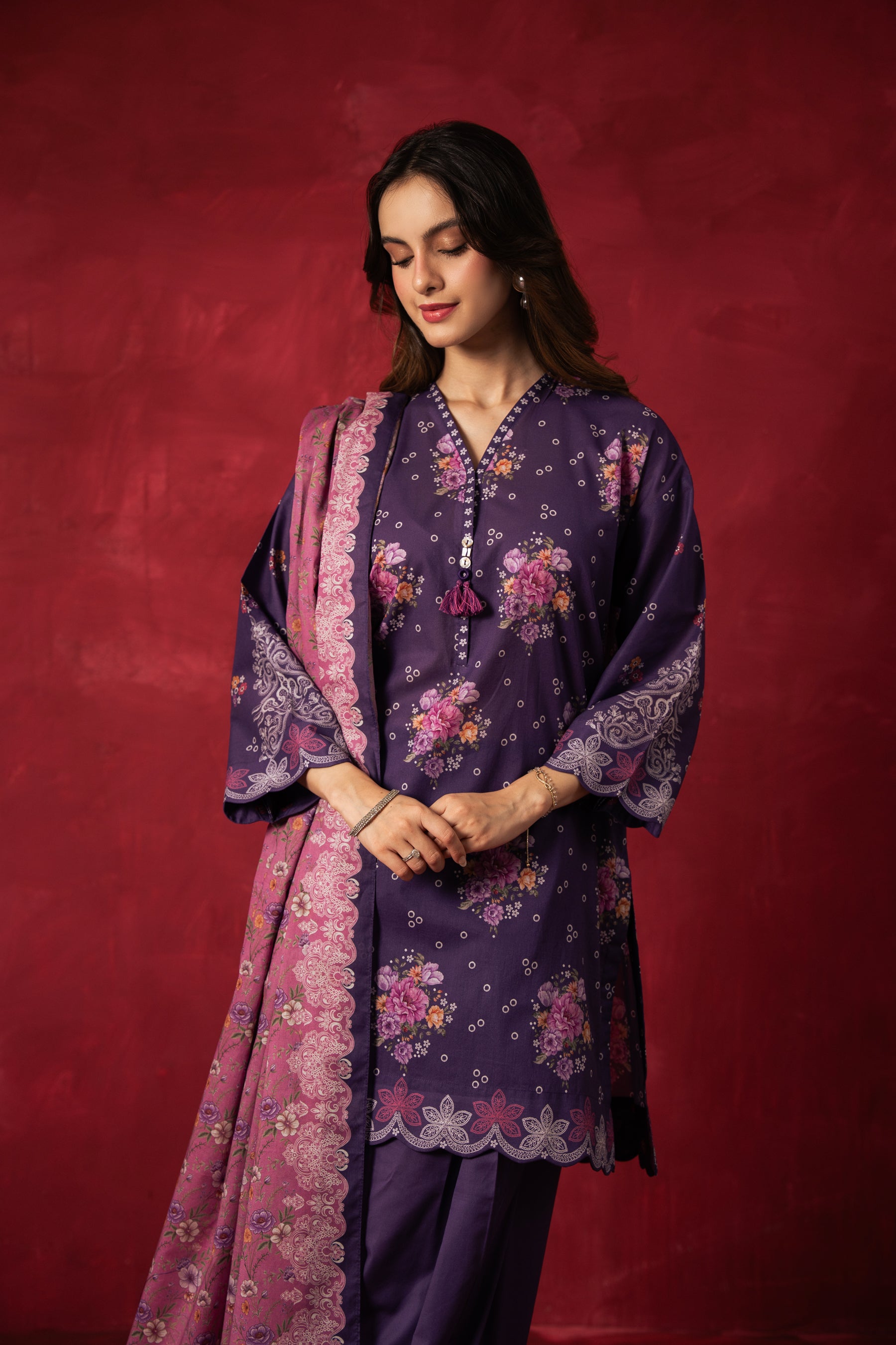 Rich purple unstitched 3-piece printed lawn ladies' suit optimized for customizable heritage tailoring