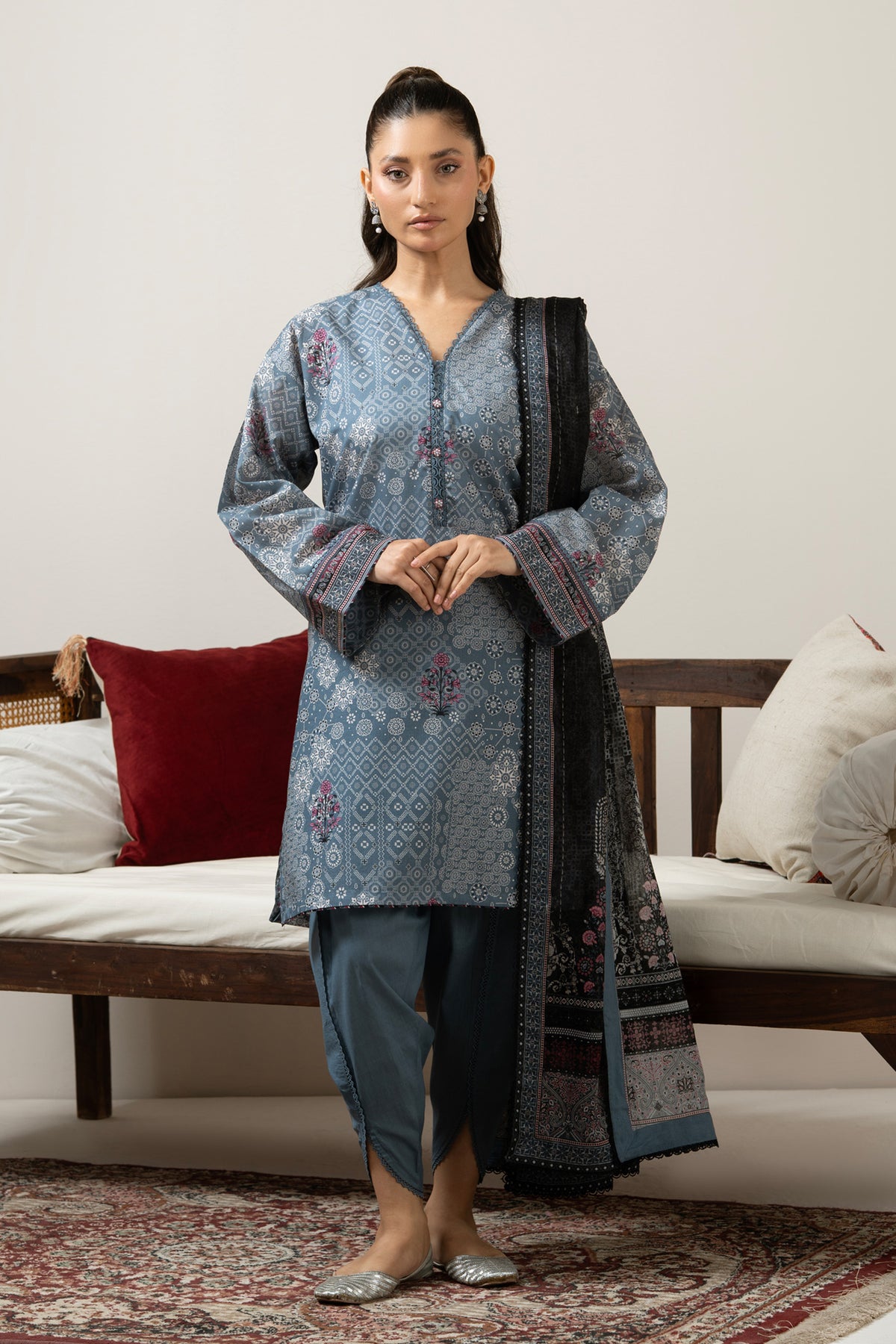 Slate grey unstitched printed lawn 3-piece traditional suit detailed with fine micro-motif printing
