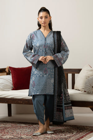 Slate grey unstitched printed lawn 3-piece traditional suit detailed with fine micro-motif printing