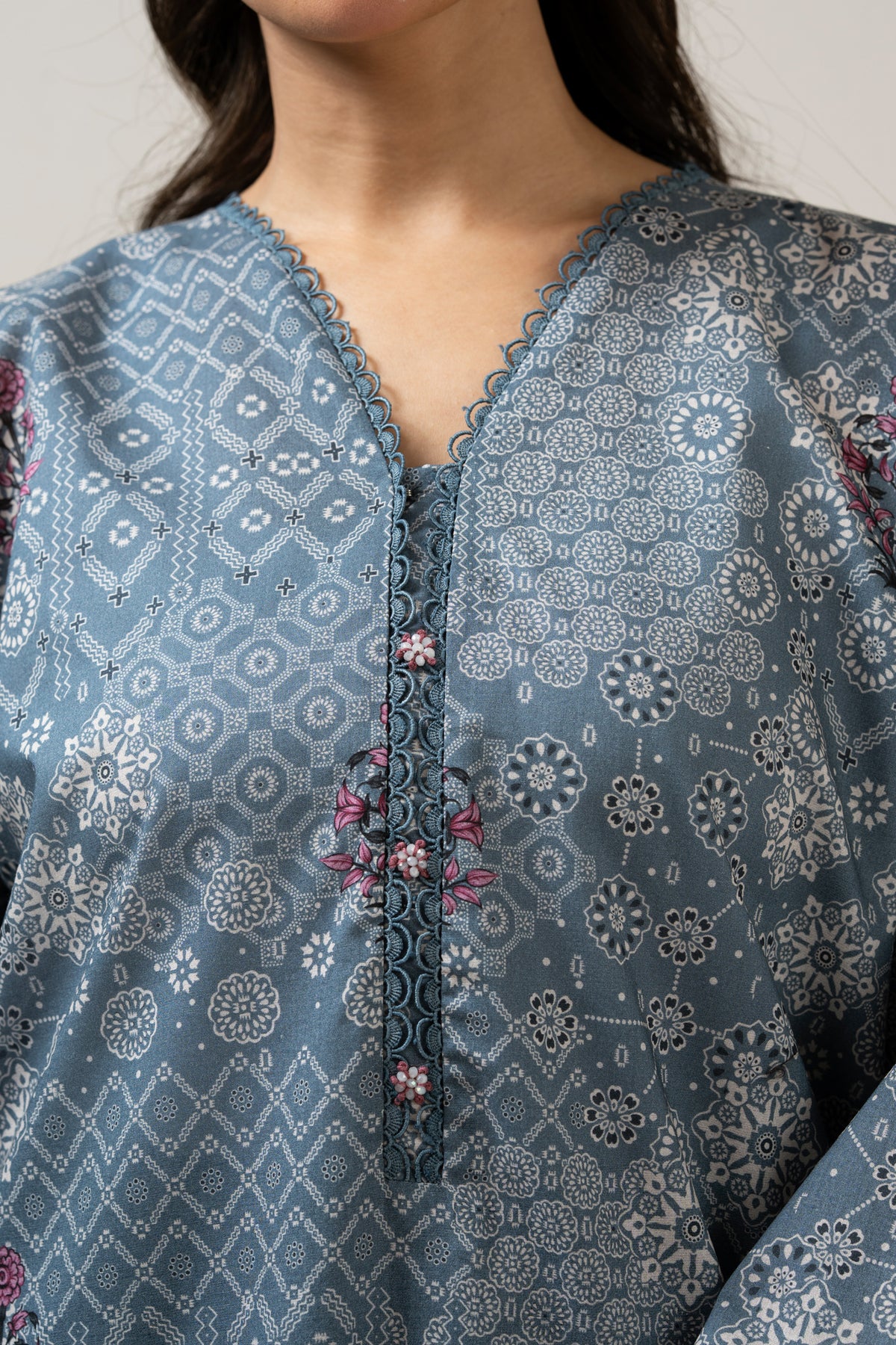 Slate grey unstitched printed lawn 3-piece traditional suit detailed with fine micro-motif printing