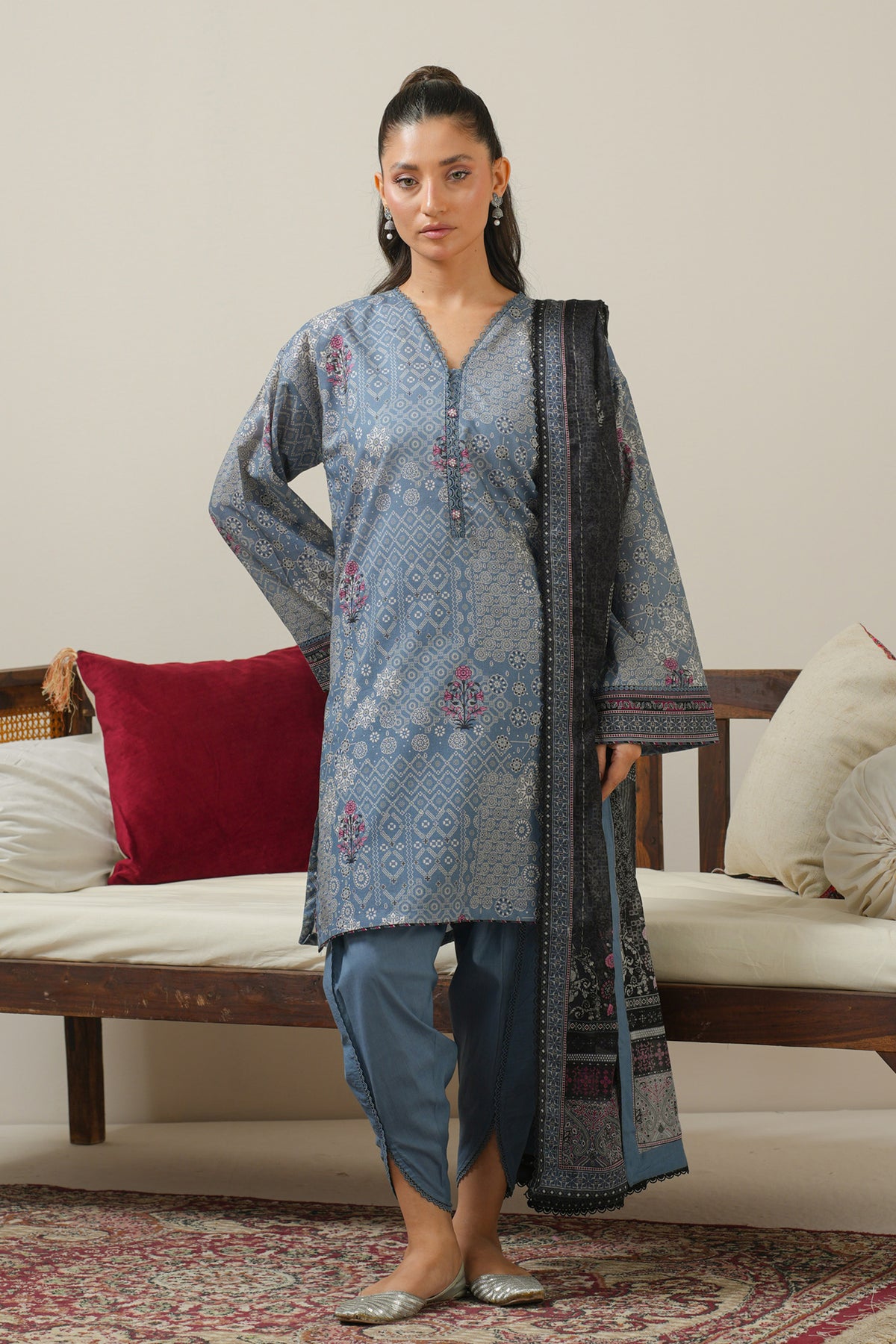 Slate grey unstitched printed lawn 3-piece traditional suit detailed with fine micro-motif printing