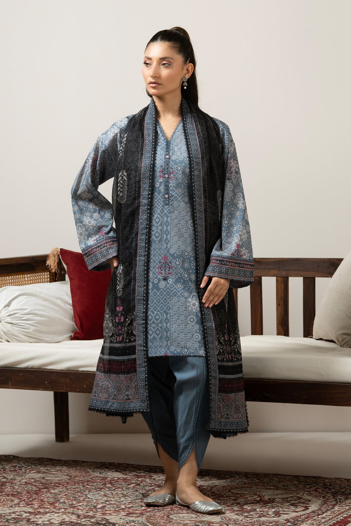 Slate grey unstitched printed lawn 3-piece traditional suit detailed with fine micro-motif printing