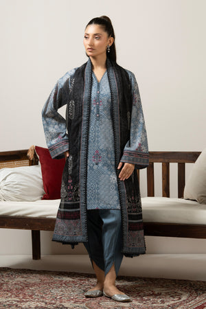 Slate grey unstitched printed lawn 3-piece traditional suit detailed with fine micro-motif printing