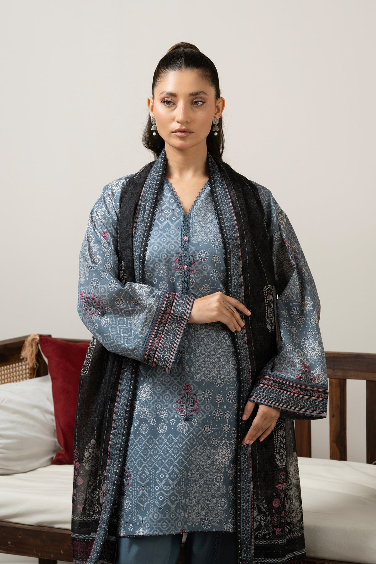 Slate grey unstitched printed lawn 3-piece traditional suit detailed with fine micro-motif printing