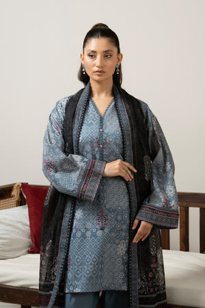 Slate grey unstitched printed lawn 3-piece traditional suit detailed with fine micro-motif printing