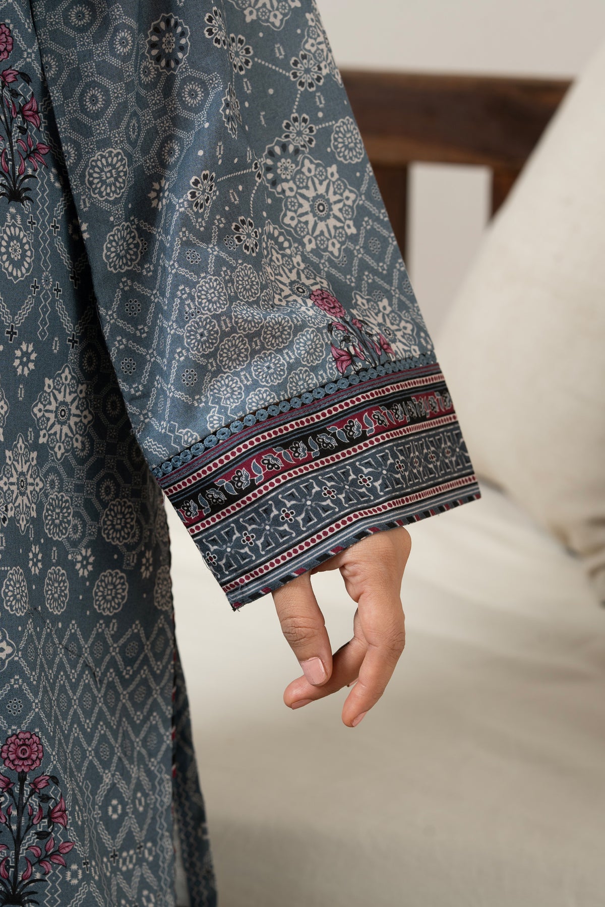 Slate grey unstitched printed lawn 3-piece traditional suit detailed with fine micro-motif printing