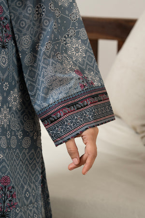 Slate grey unstitched printed lawn 3-piece traditional suit detailed with fine micro-motif printing