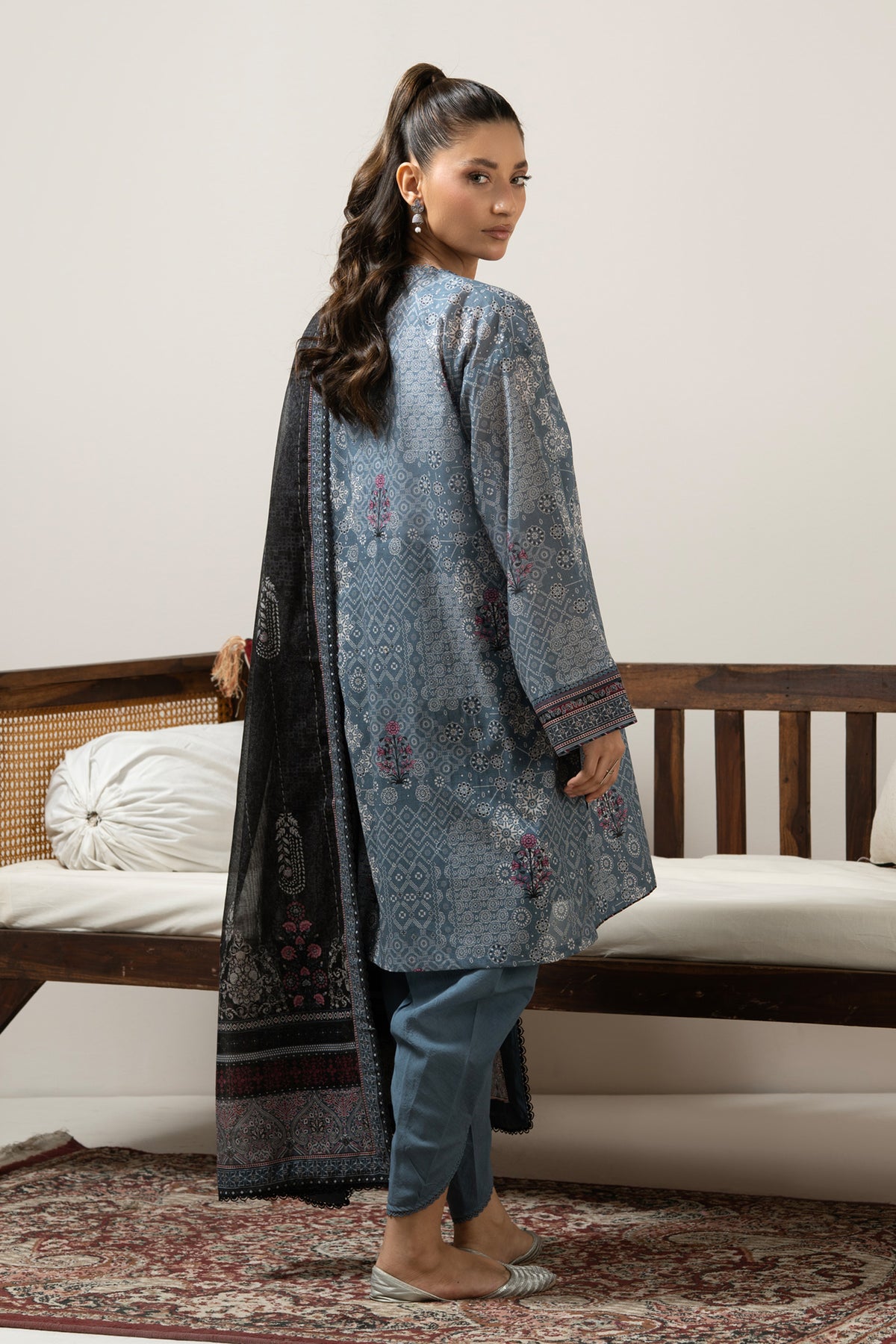 Slate grey unstitched printed lawn 3-piece traditional suit detailed with fine micro-motif printing