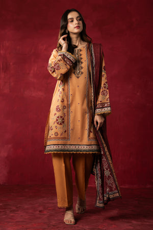 Sophisticated chrome yellow printed lawn unstitched 3-piece suit with an intricately designed seasonal dupatta