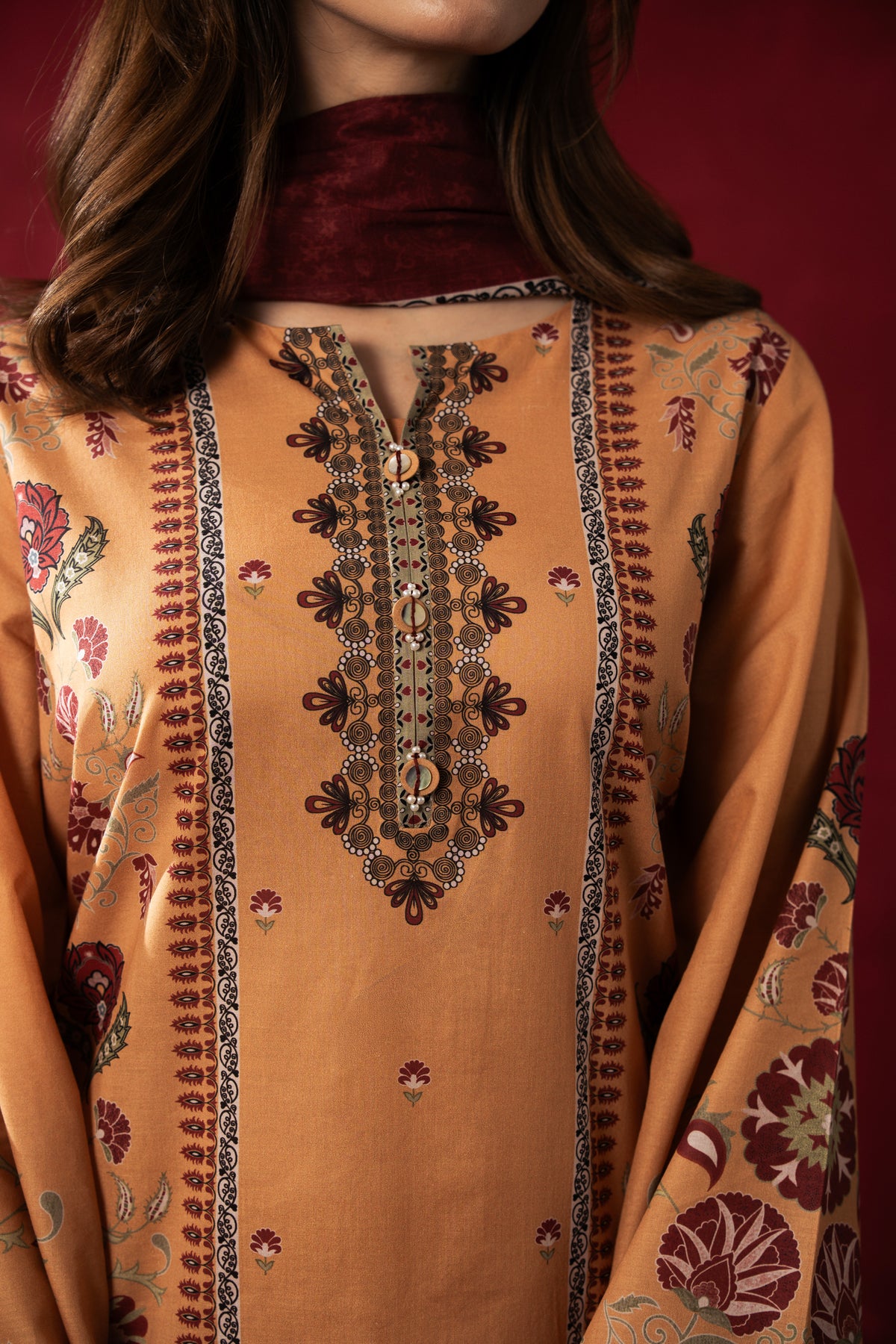 Sophisticated chrome yellow printed lawn unstitched 3-piece suit with an intricately designed seasonal dupatta