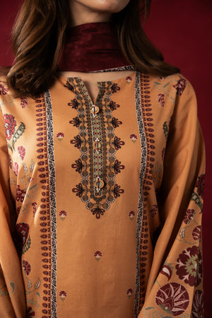 Sophisticated chrome yellow printed lawn unstitched 3-piece suit with an intricately designed seasonal dupatta