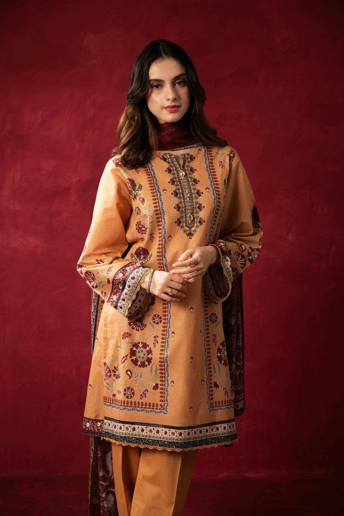 Sophisticated chrome yellow printed lawn unstitched 3-piece suit with an intricately designed seasonal dupatta