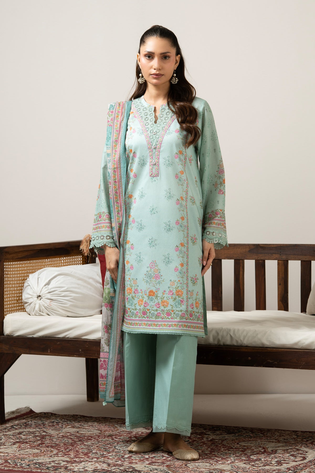 Vibrant aqua blue printed lawn unstitched 3-piece suit curated for a cool and stylish seasonal look