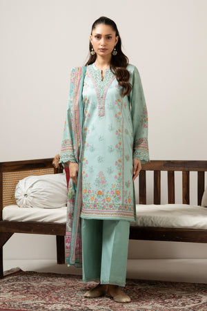 Vibrant aqua blue printed lawn unstitched 3-piece suit curated for a cool and stylish seasonal look