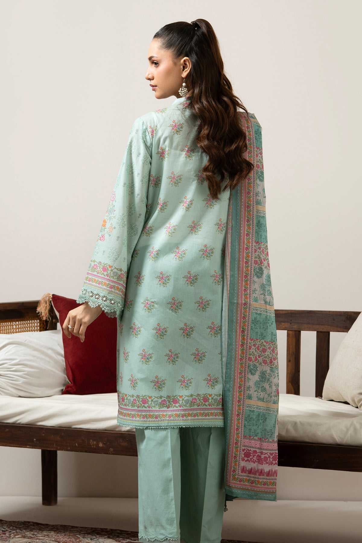 Vibrant aqua blue printed lawn unstitched 3-piece suit curated for a cool and stylish seasonal look
