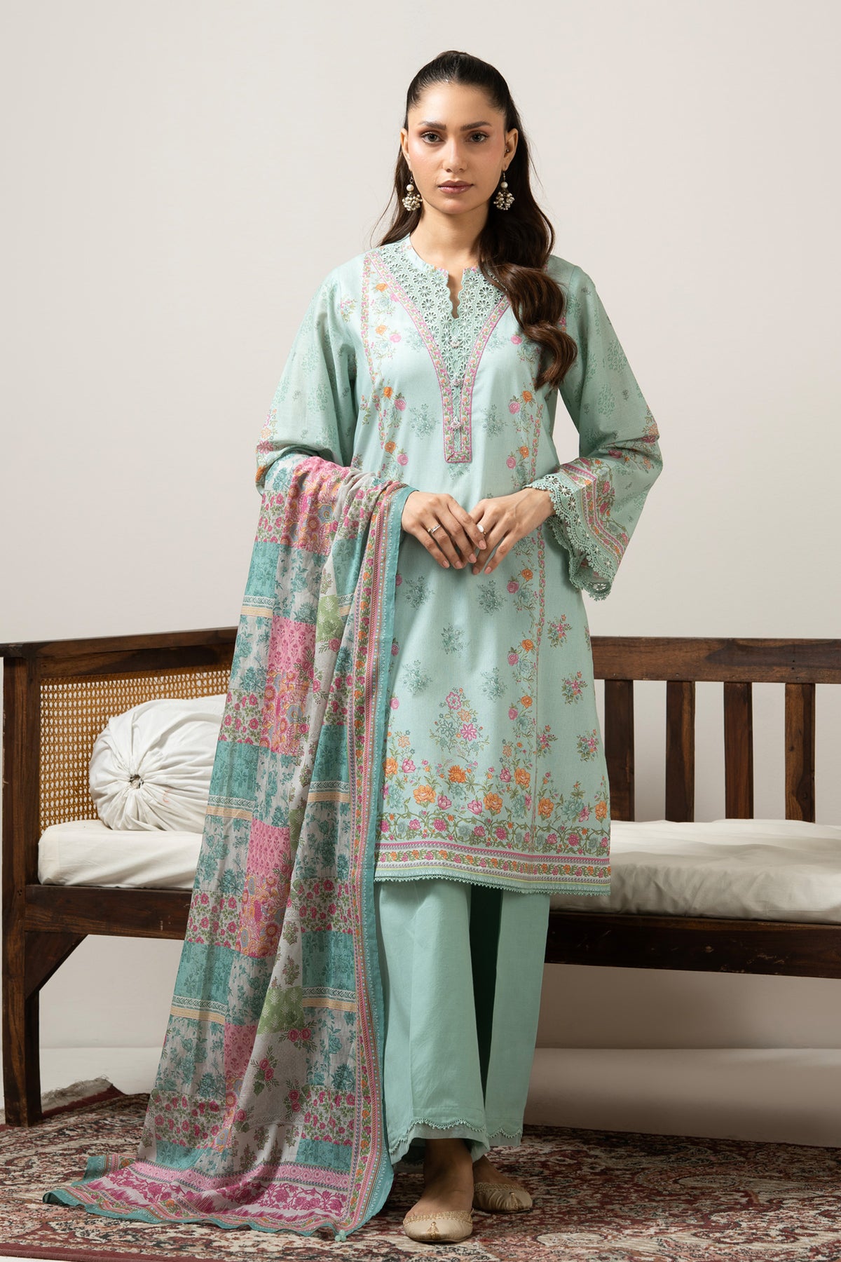 Vibrant aqua blue printed lawn unstitched 3-piece suit curated for a cool and stylish seasonal look