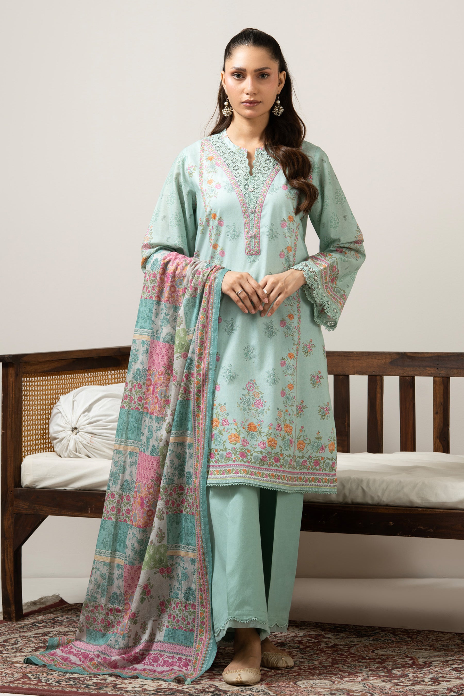 Vibrant aqua blue printed lawn unstitched 3-piece suit curated for a cool and stylish seasonal look