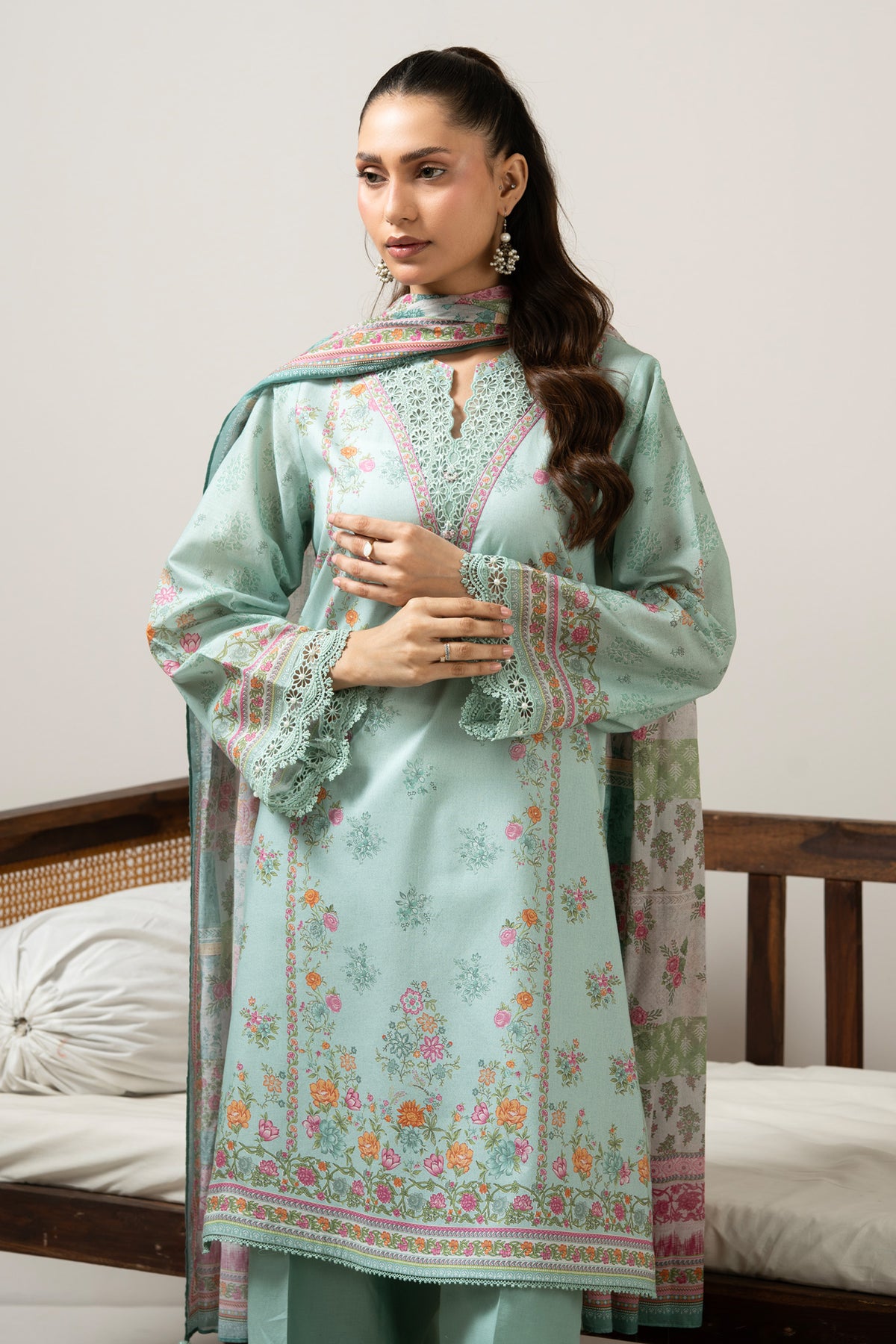 Vibrant aqua blue printed lawn unstitched 3-piece suit curated for a cool and stylish seasonal look