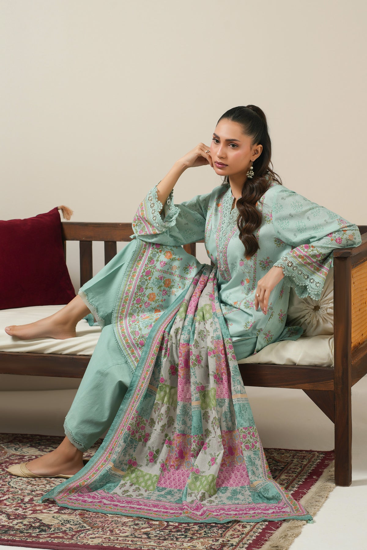 Vibrant aqua blue printed lawn unstitched 3-piece suit curated for a cool and stylish seasonal look