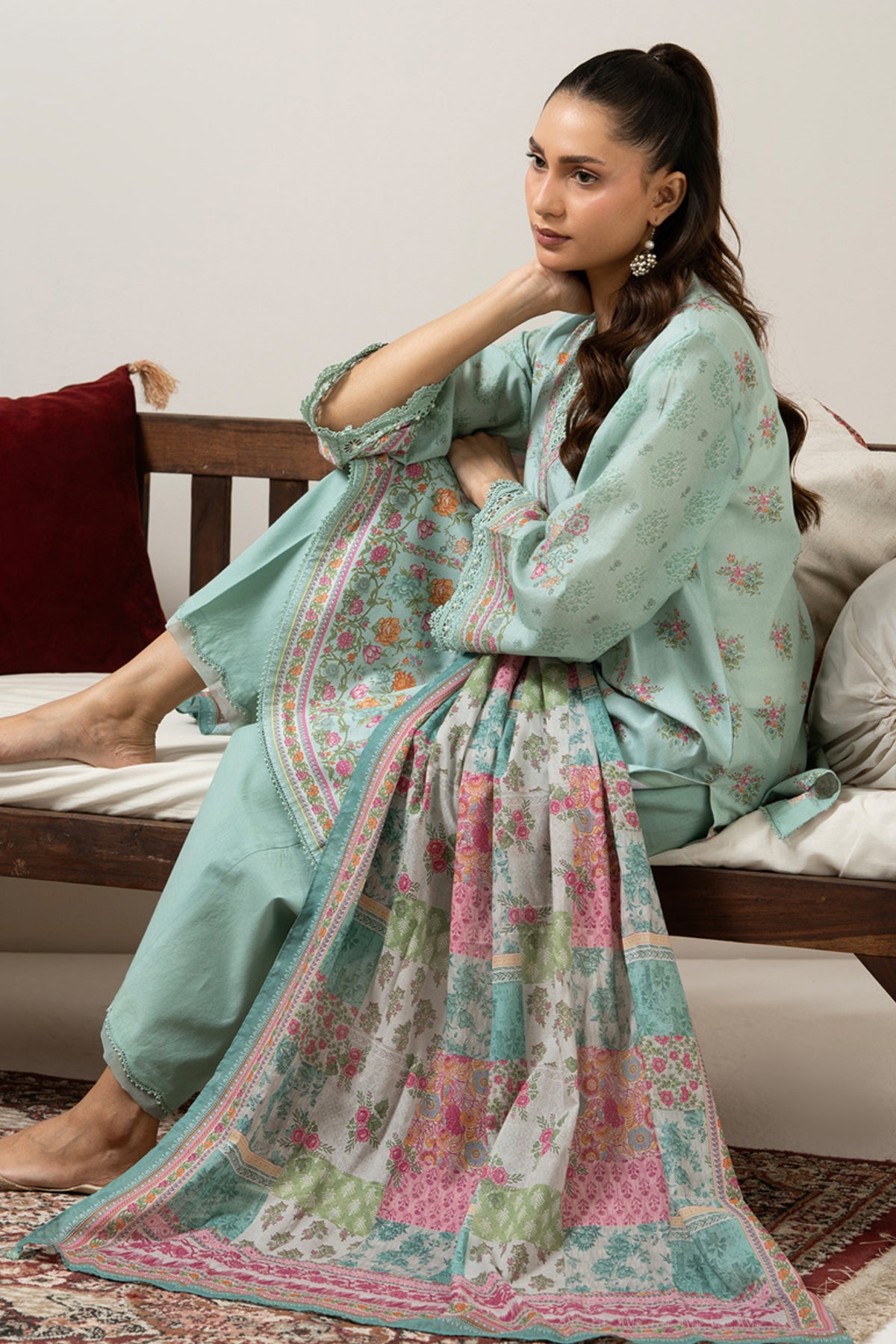 Vibrant aqua blue printed lawn unstitched 3-piece suit curated for a cool and stylish seasonal look
