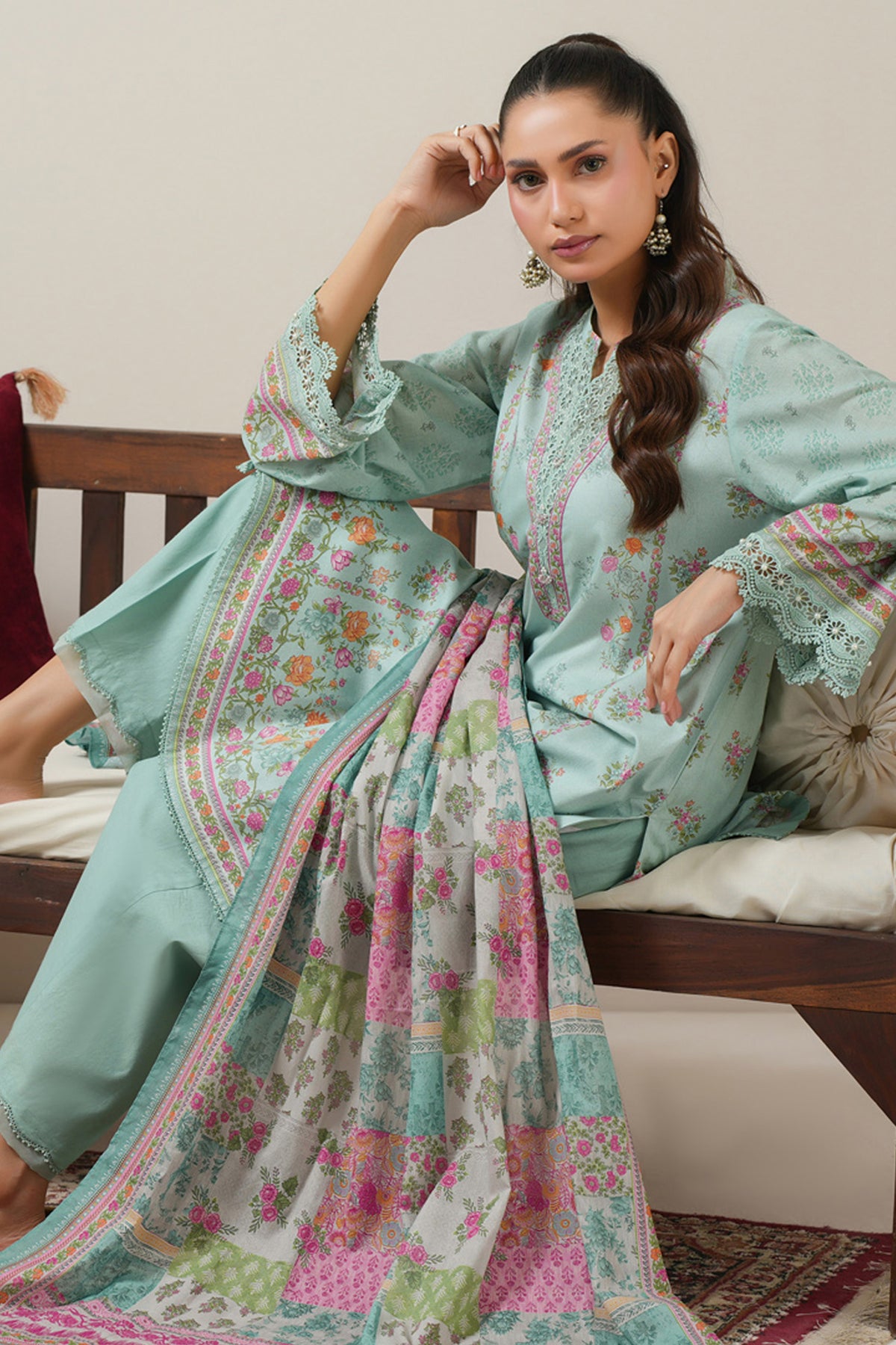 Vibrant aqua blue printed lawn unstitched 3-piece suit curated for a cool and stylish seasonal look