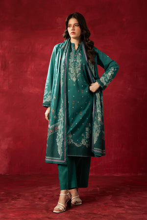 Vibrant teal printed lawn 3-piece unstitched women's suit, perfect for classic summer traditional styling