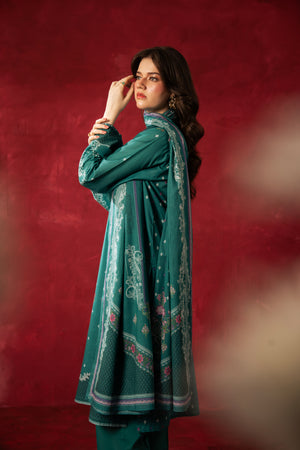 Vibrant teal printed lawn 3-piece unstitched women's suit, perfect for classic summer traditional styling