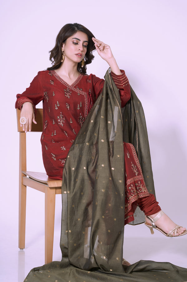 3 Piece Unstitched Embroidered Khadi Net Suit