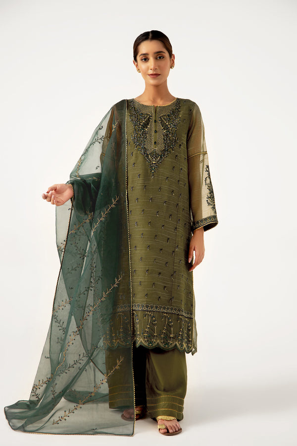 3 piece Unstitched Embroidered Net Suit