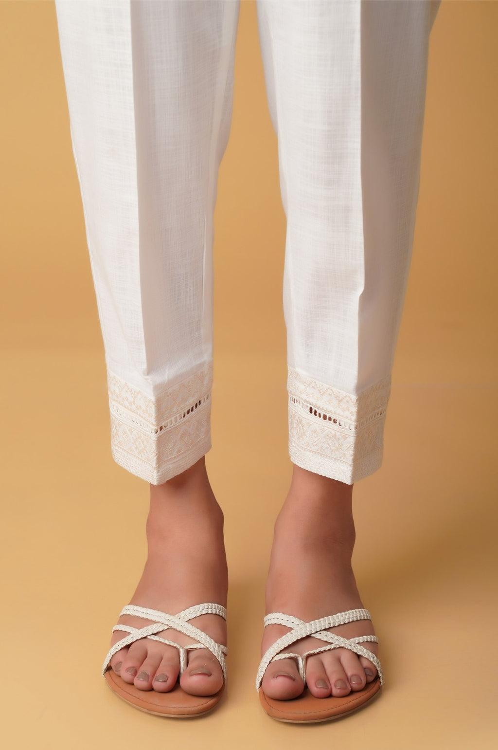 Emboirdered Cotton Slub Cigarette Pants - White