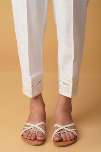 Emboirdered Cotton Slub Cigarette Pants - White