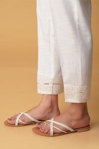 Emboirdered Cotton Slub Cigarette Pants - White