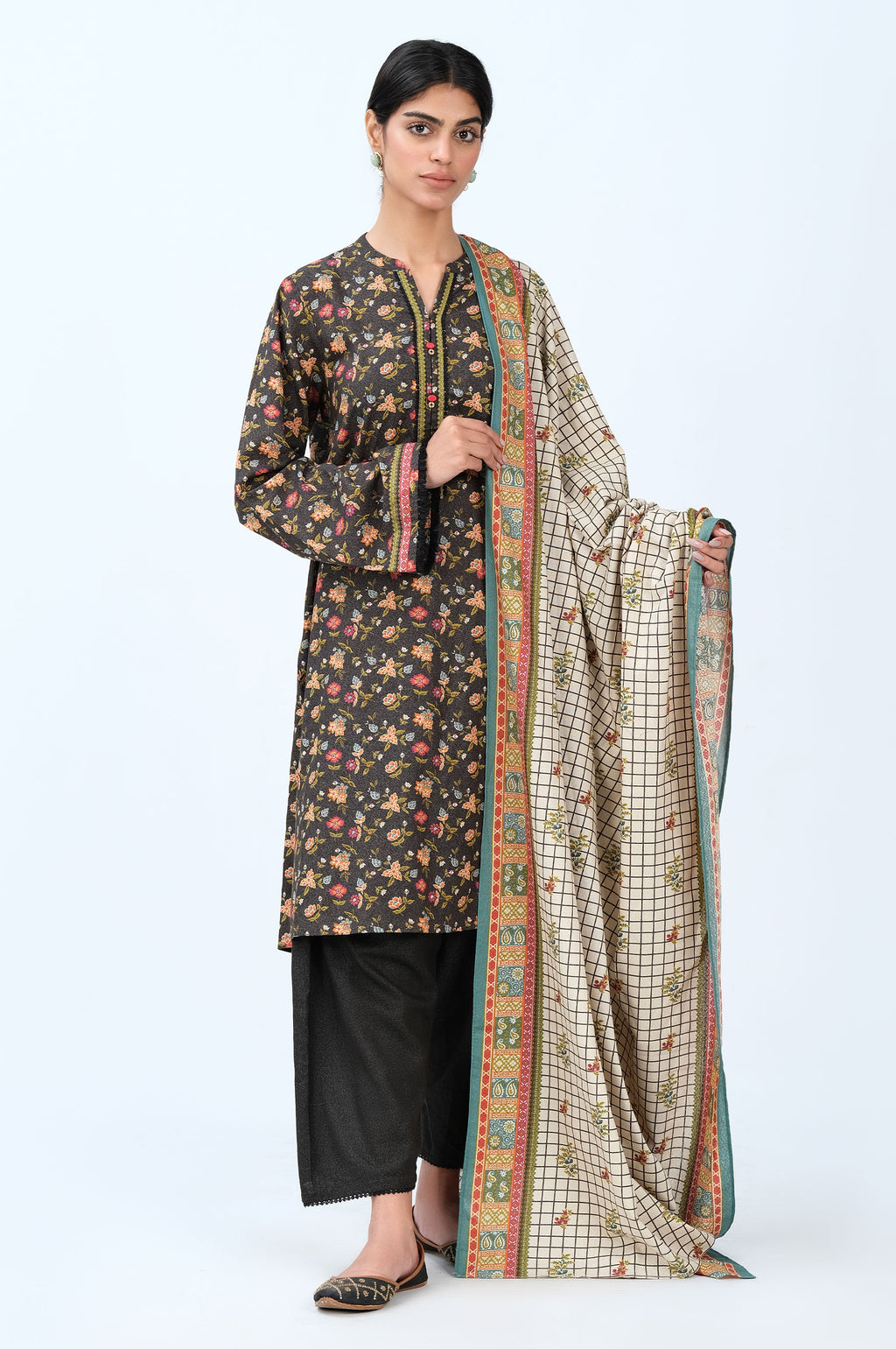 Stitched 3 Piece Printed Karandi Suit