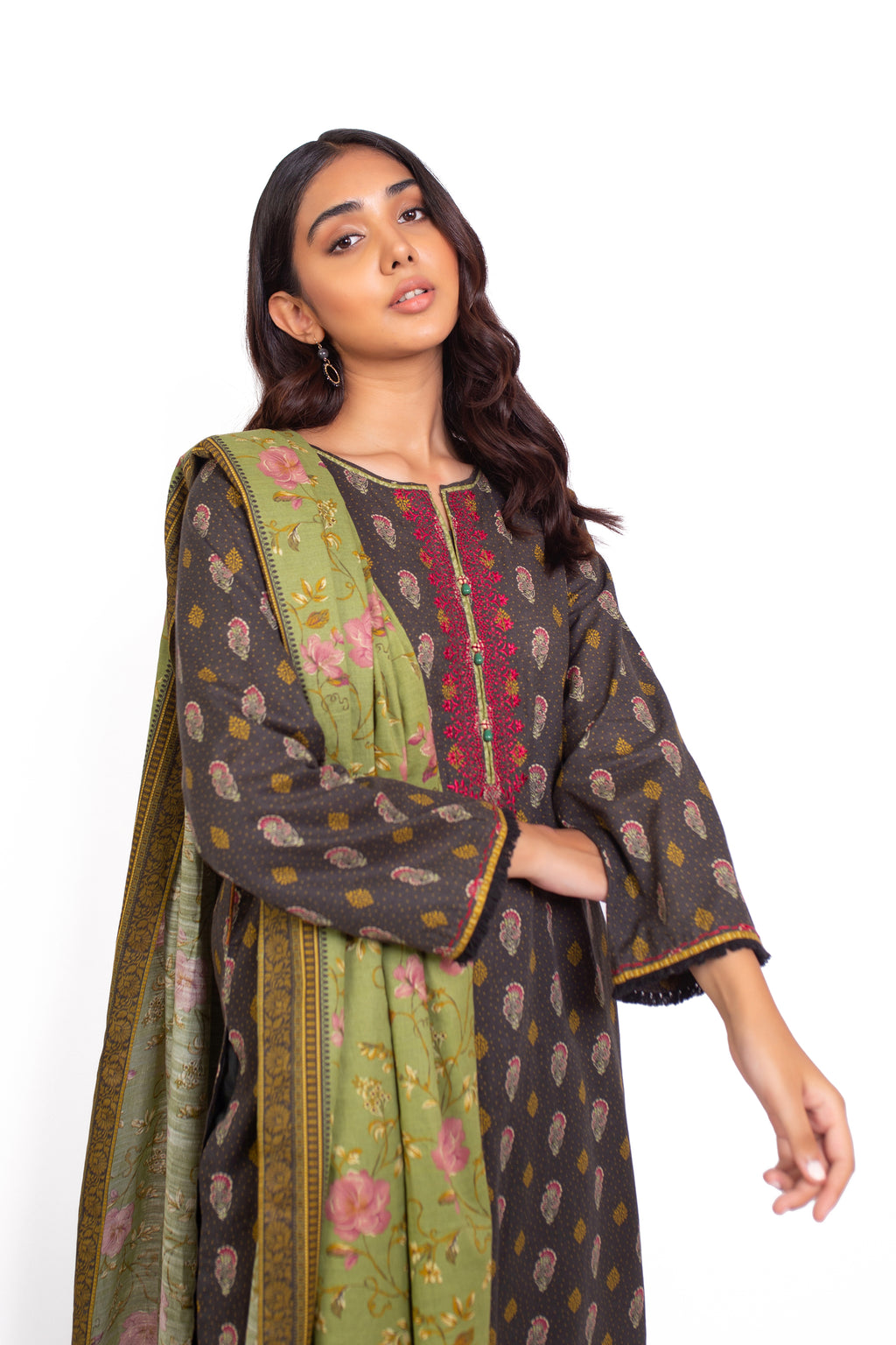 Stitched 3 Piece Embroidered Khaddar Suit