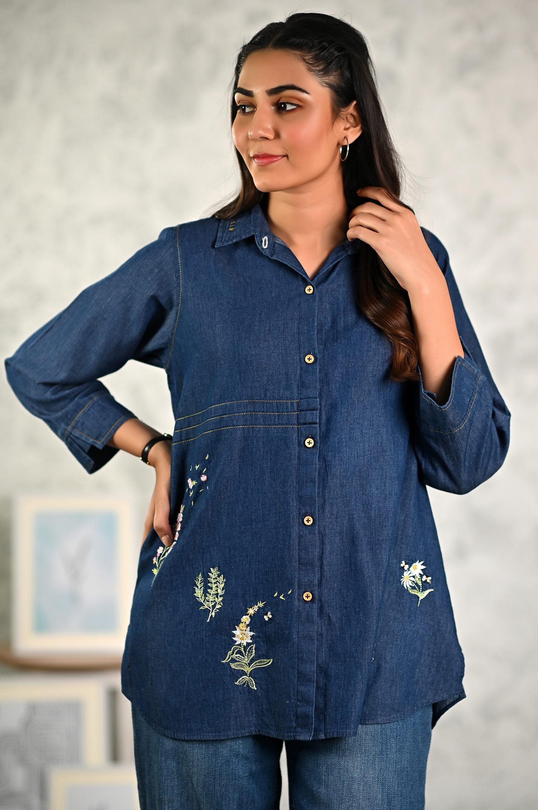 Denim hot sale embroidered top