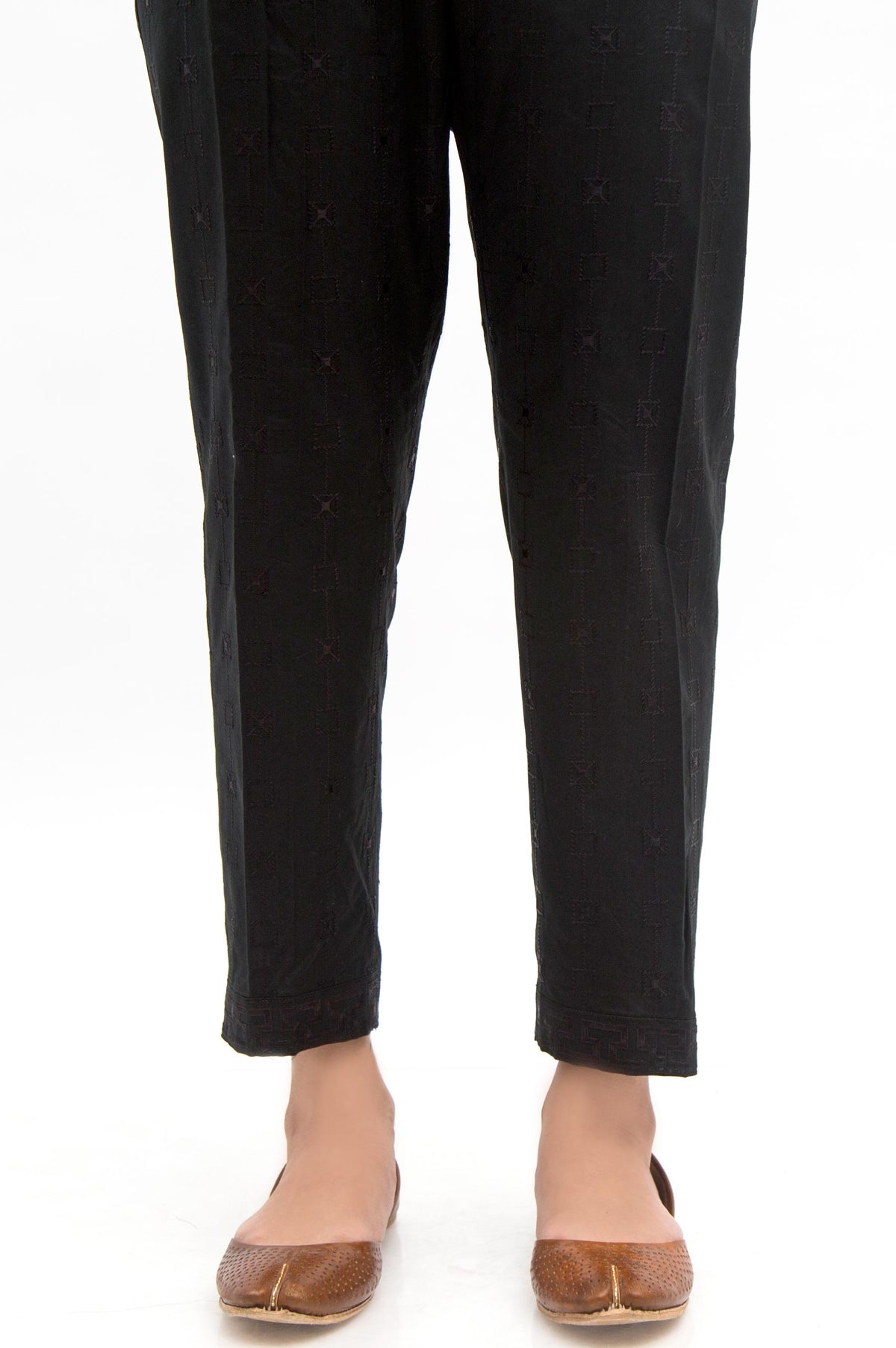 Embroidered Cambric Cigarette Pants  - Black