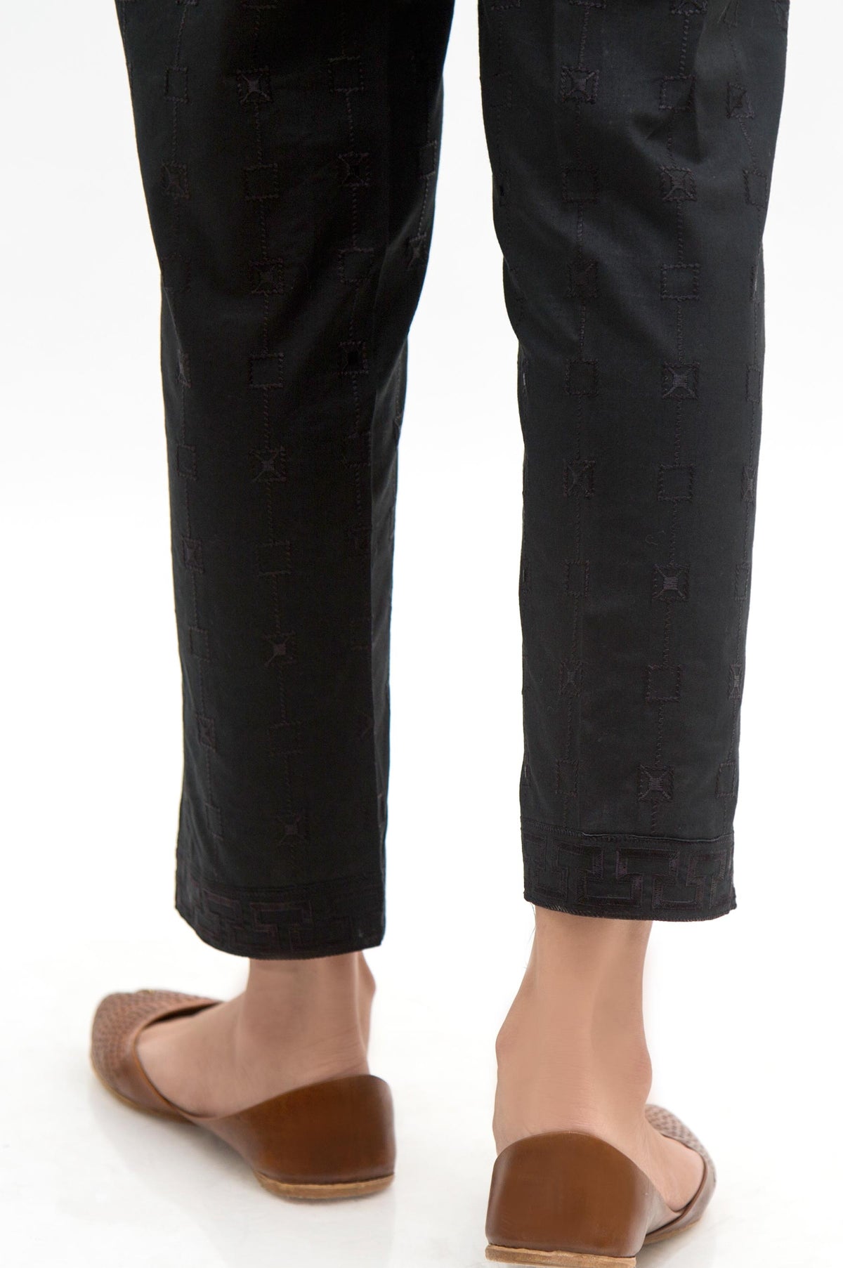 Embroidered Cambric Cigarette Pants  - Black